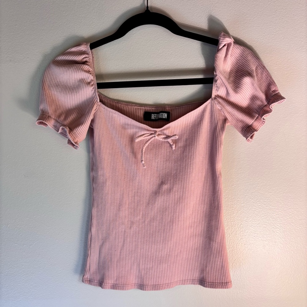 Reformation Light Dusty Pink Ribbed Puff-Sleeve Top
